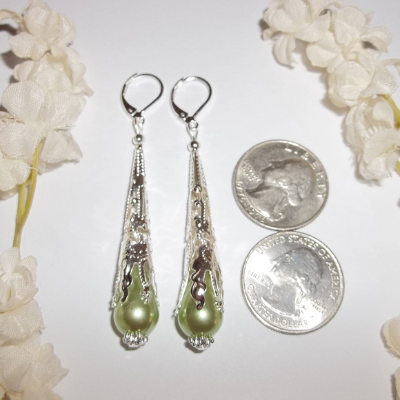 Long Green Silver Pearl Earrings Handmade NWT Earring Earring Earring Set 4971 - Picture 7 of 8